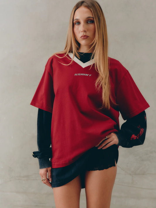SŚAINT || Reflective V Neck Tee – Cherry