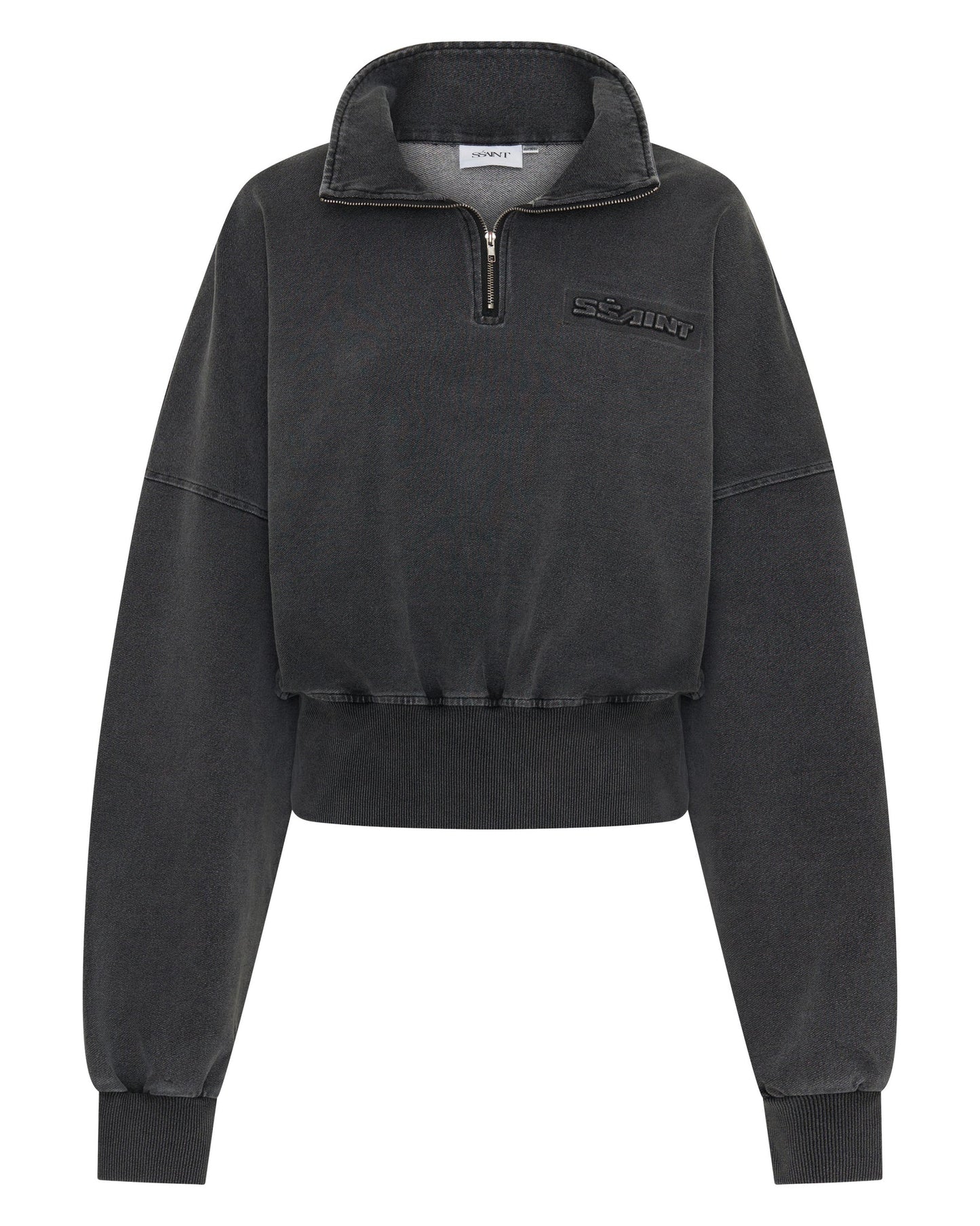 SŚAINT || Acid Wash 1/4 Zip Crop Jumper - Charcoal