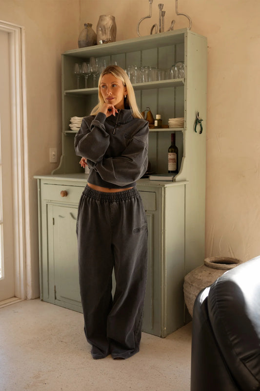 SŚAINT || Acid Wash 1/4 Zip Crop Jumper - Charcoal