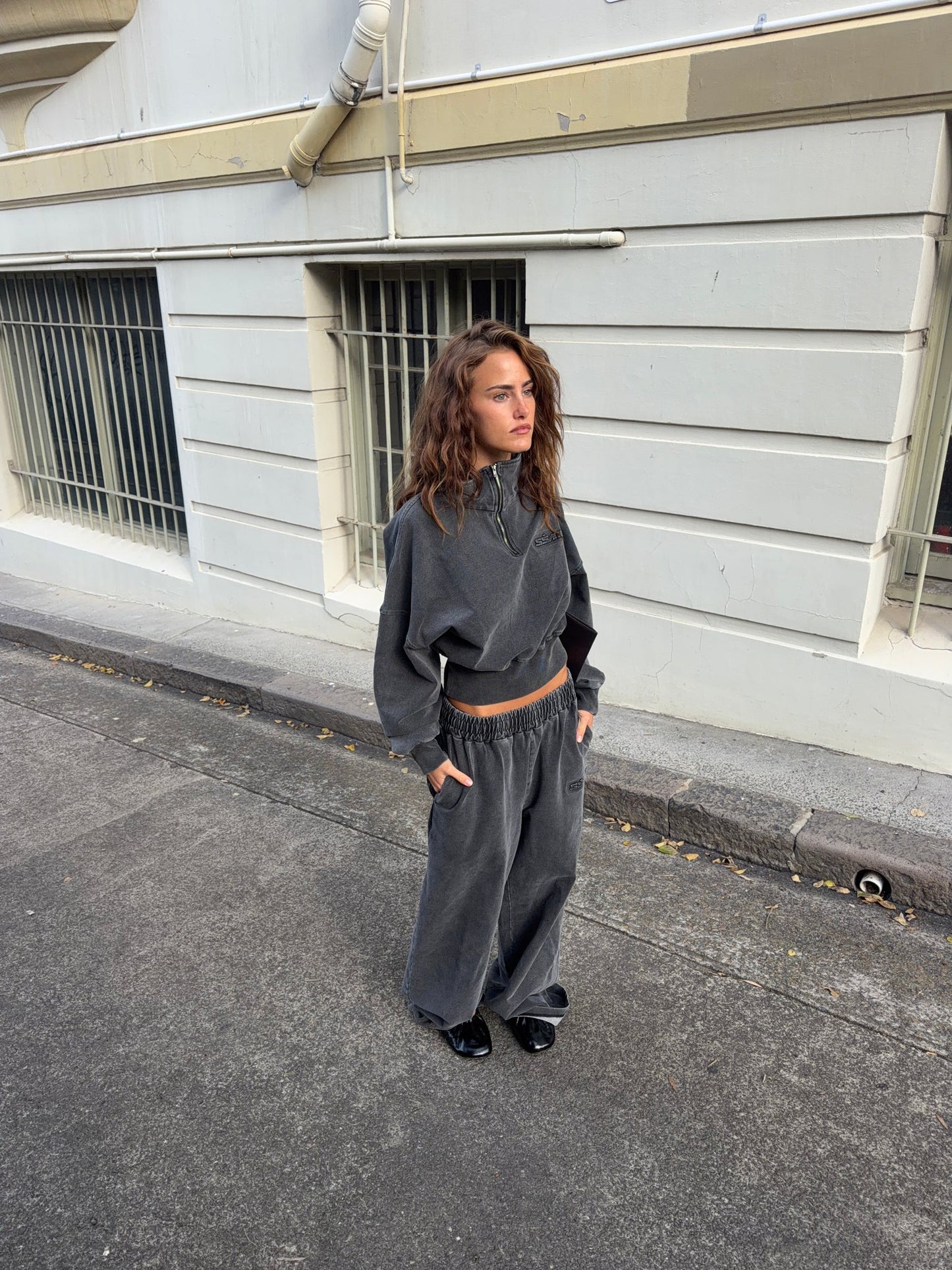 SŚAINT || Acid Wash 1/4 Zip Crop Jumper - Charcoal