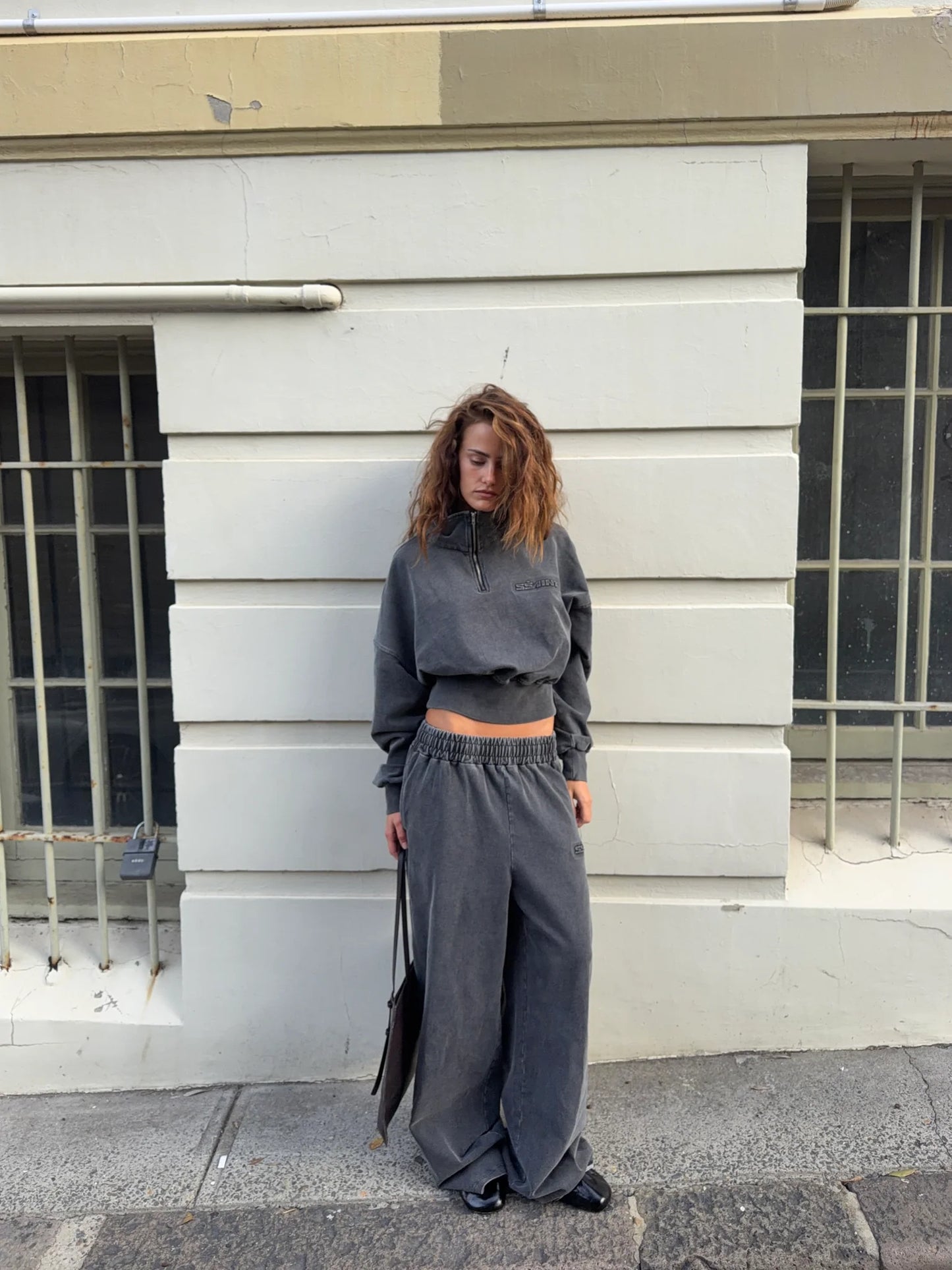SŚAINT || Acid Wash 1/4 Zip Crop Jumper - Charcoal