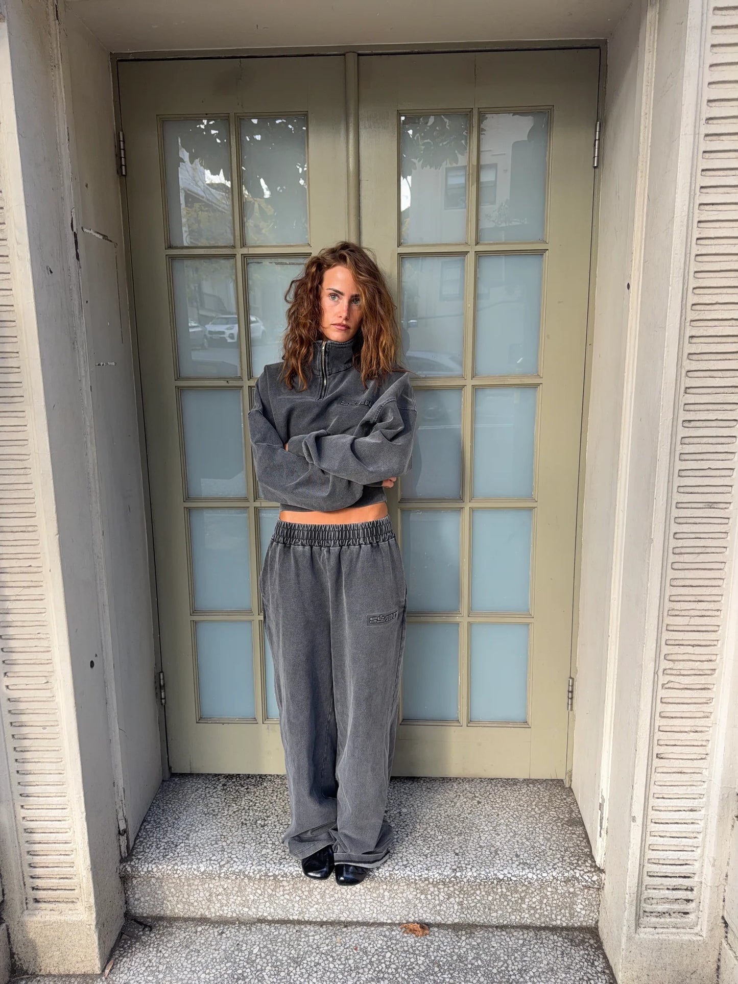 SŚAINT || Acid Wash 1/4 Zip Crop Jumper - Charcoal