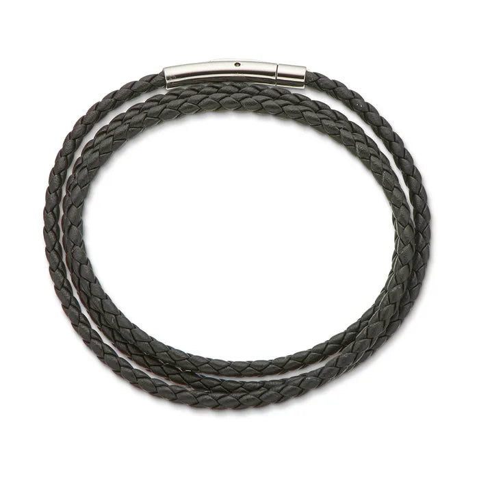 Black Fine Leather Plaited Wrap Bracelet